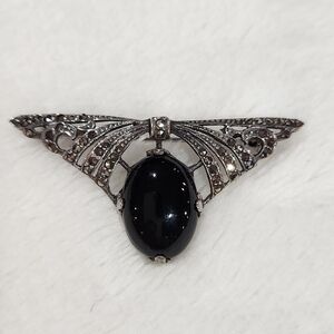 Vintage Art Deco Style Silver Brooch with Black Onyx and Marcasites
